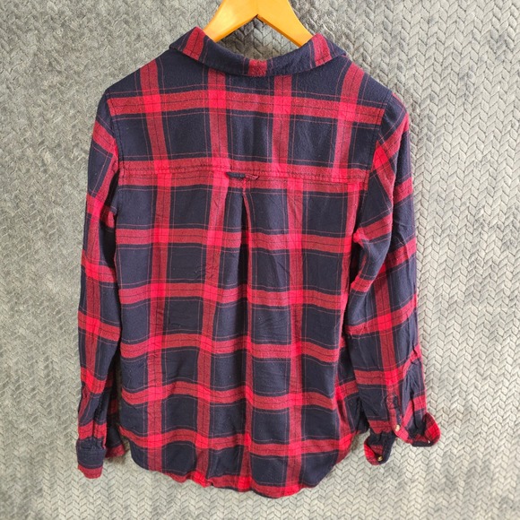 American Eagle Red Navy Blue Plaid Flannel Shirt Boyfriend Fit Womens Medium - Picture 6 of 7